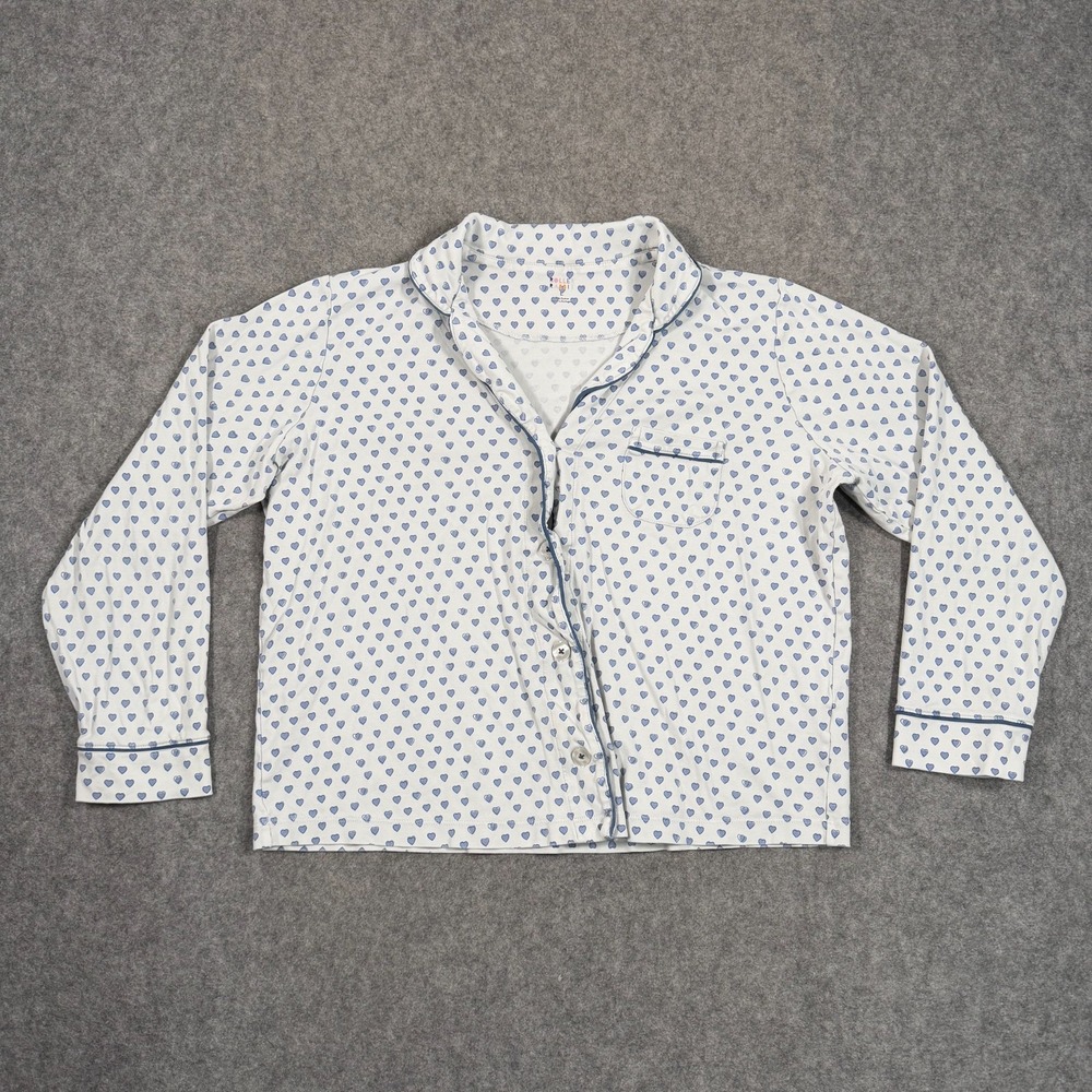 Roller Rabbit Blue Hearts Long Sleeve Button Up Pajama Top Women's Size Large
